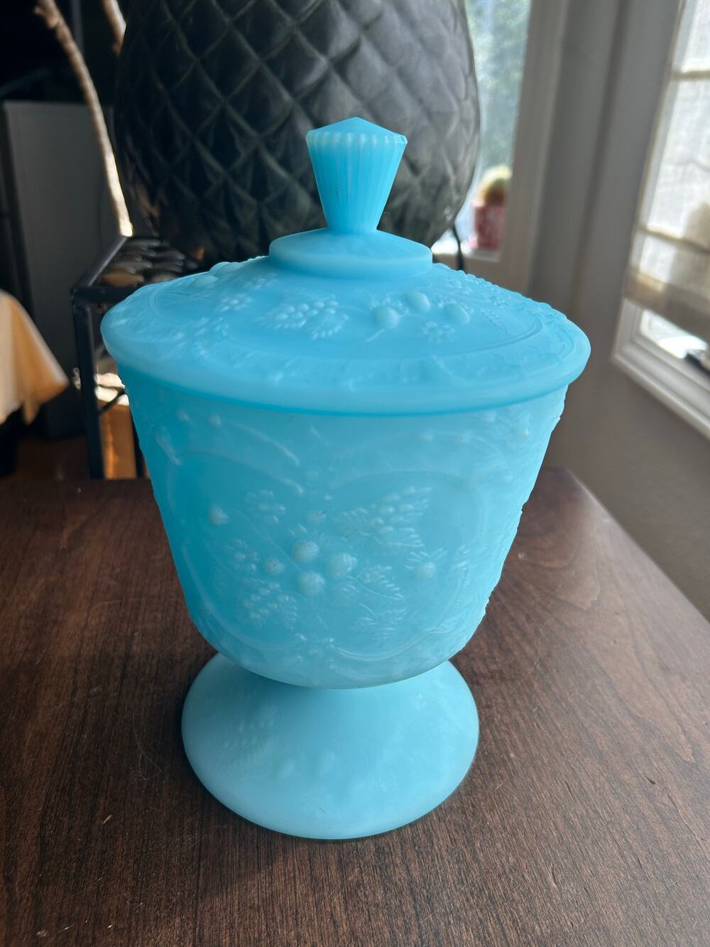 Fenton Vintage Blue Satin Wild Strawberry Compote Footed Candy Dish With Lid